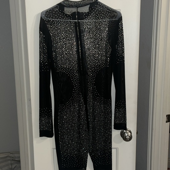 Women’s long sleeve, biker short, 1 piece sheer bodysuit with rhinestones - Picture 3 of 16